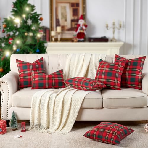 INFISIBLE Red Christmas Tartan Plaid Throw Pillow Covers 18x18 Set of 2 - Festive Holiday Decor