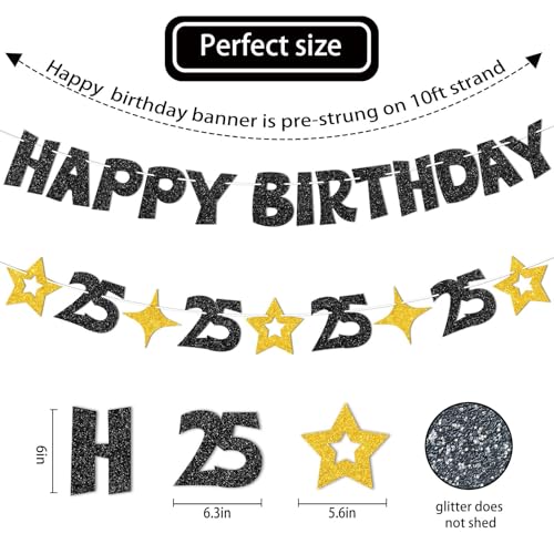 Happy 25th Birthday Banner - Pre-Strung Black & Gold Decorations