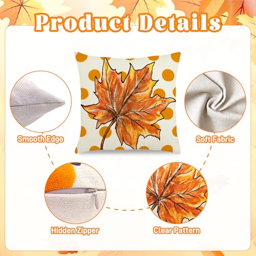 Feivando Fall Pillow Covers, 18x18 Orange Polka Dot Linen Cushion Case Set