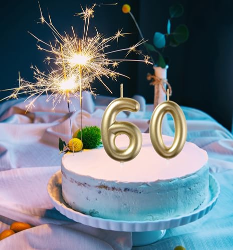 Number 60 Gold Birthday Candles, 2.35-Inch 3D Diamond Cake Topper Set