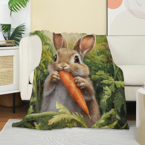 80x60 Inch Bunny Blanket - Soft Cozy Flannel Throw for Adults Kids Women - Light Weight Cute Rabbit & Carrot Design