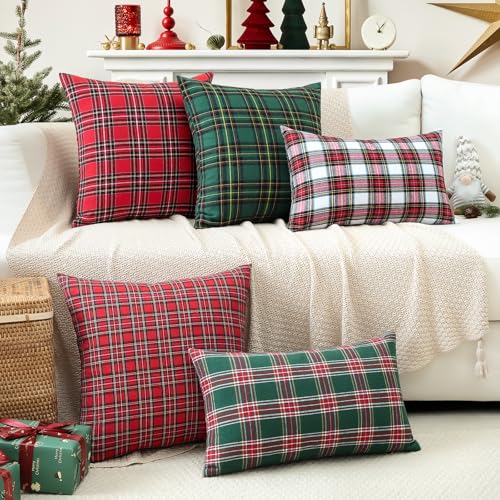 OTOSTAR Christmas Scottish Plaid Throw Pillow Cover, Red and Green, 24x24