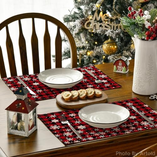 12x18 Inch Red and Black Buffalo Plaid Snowflakes Christmas Placemats Set of 8