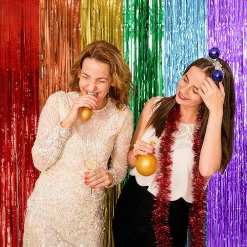 Rainbow Foil Fringe Curtains - 2 Pack Metallic Tinsel Party Backdrop