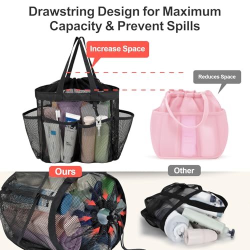 F-color Mesh Shower Caddy with Drawstring - Portable Dorm Shower Bag, Black