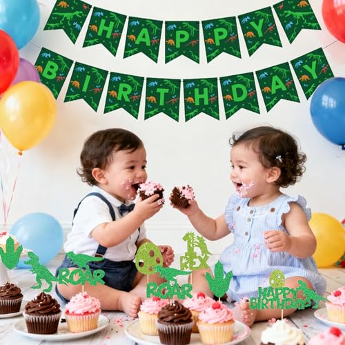 Dinosaur Happy Birthday Banner and Cupcake Toppers Party Set