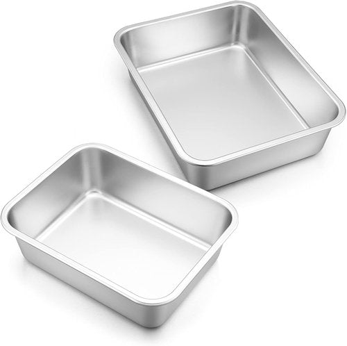 E-far Deep Lasagna Pan Set of 2 - Stainless Steel Roasting & Baking Pans | Non-Toxic, Dishwasher Safe, 12.75 x 10 & 10.6 x 8.3 Inches