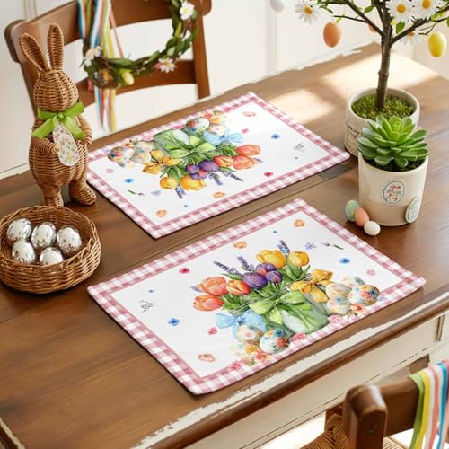 TINALIN Easter Placemats Set of 6 Spring Floral Tulips Cotton Linen
