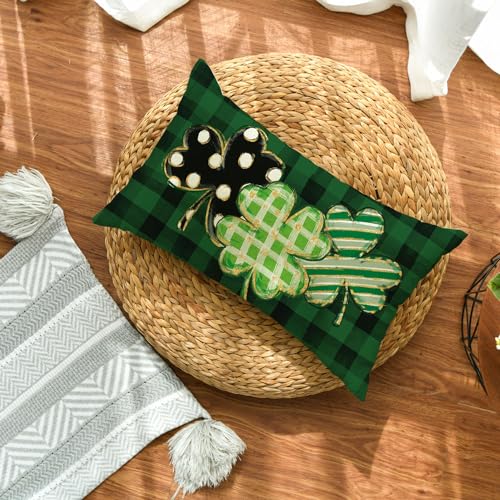 AVOIN colorlife St Patricks Day Clover Pillow Cover 12x20 Dark Green Buffalo Plaid Shamrock Cushion for Sofa Couch
