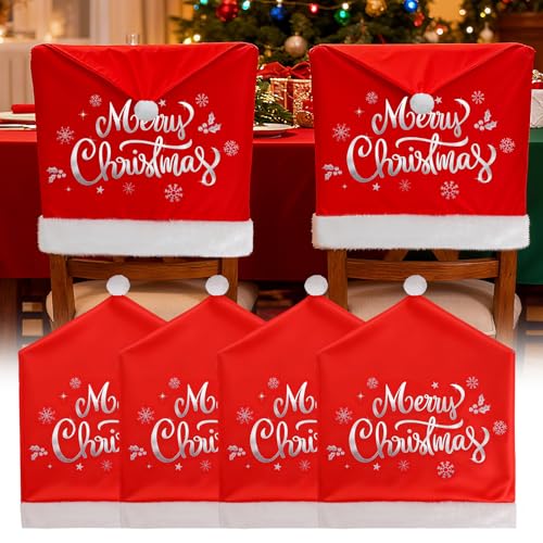 Red Plush Santa Hat Chair Covers for Dining Chairs Set of 4 - Christmas Decor