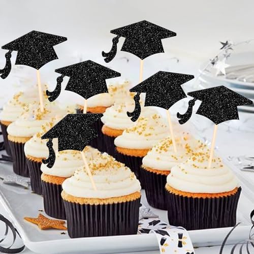 2026 Graduation Cupcake Toppers - Black Glitter 36 PCS