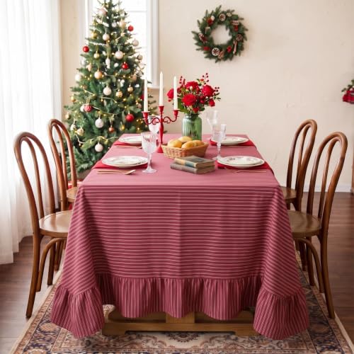 Eternal Beauty Christmas Red Striped Ruffled Tablecloth 60x120 Inches - Rectangle, Holiday Decor