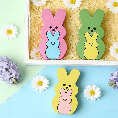 DAHI 6pcs Wooden Easter Bunny Table Decorations Nesting Rabbit Figurines Set