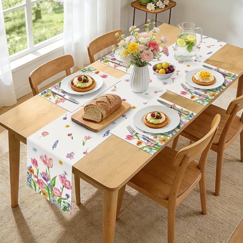 Bonhause 13x72 Inch Tulip Flower Table Runner - Pink Purple Floral