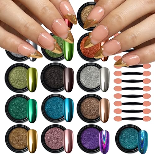 Artdone 16 Colors Chrome Nail Powder Aurora Metallic Mirror Effect Pigment