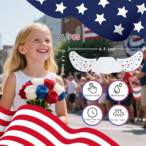 Patriotic Glitter Freckle Face Tattoos & Red White Blue Star Gems 6 Sheets