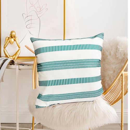 Teal Blue Boho Striped Throw Pillow Covers 16x16 Set of 2 Linen