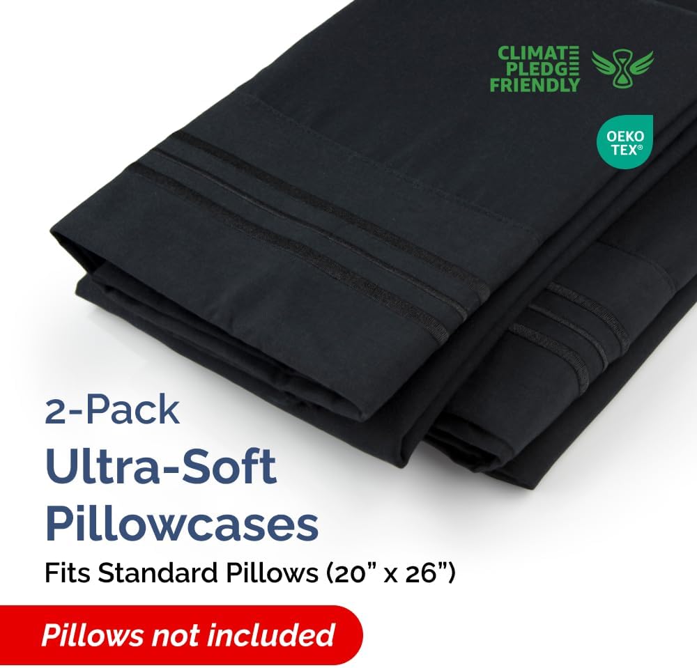 Skiennix Standard Pillow Cases Set of 2 | Ultra-Soft Hotel Quality, Wrinkle-Free, Black