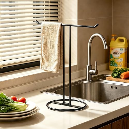 GTK Freestanding Black Towel Holder Stand - Stainless Steel Rack for Bathroom & Kitchen