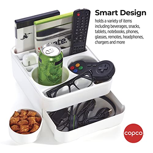 Copco Couch Caddy Organizer with Removable Snack Cup - Versatile Storage Solution for Remotes, Glasses, Snacks, and More, White