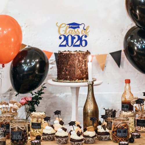 Class of 2026 Graduation Cake Topper - Gold & Blue Glitter