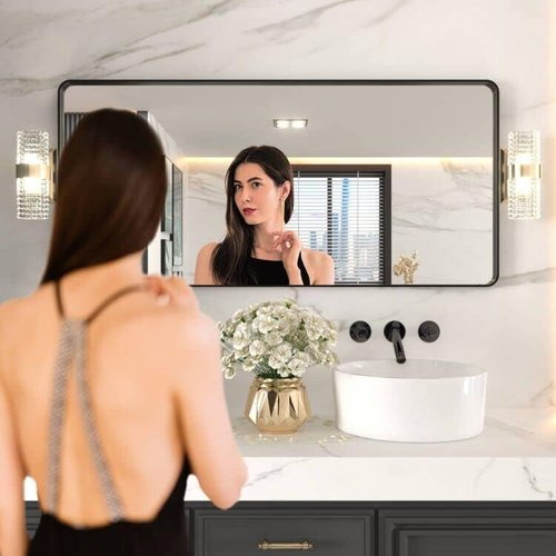 LOAAO Black Metal Framed Bathroom Mirror - 60x28 Inch Rounded Rectangle, Anti-Rust, Versatile Hanging Options