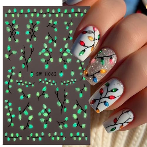 Christmas Nail Stickers 6 Sheets 3D Glow in the Dark Winter Decals