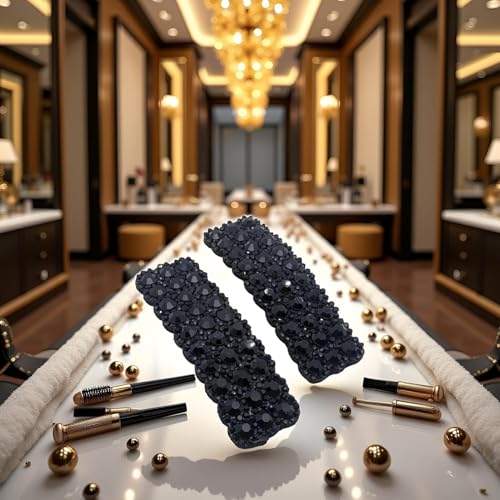 Black Rhinestone Snap Hair Clips Rectangular Korean Barrette Set of 2