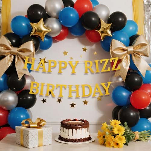 Happy Rizz Birthday Banner Pre-Strung Glitter Gold Party Decoration