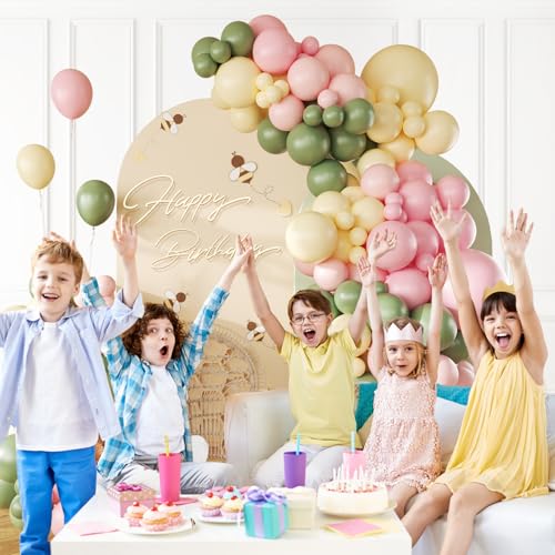 146pcs Pink and Yellow Balloon Garland Arch Kit with Sage Green Balloons