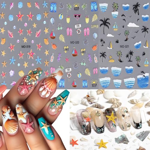 Summer Beach 3D Self-Adhesive Nail Stickers - Ocean Art Decals 3 Sheets