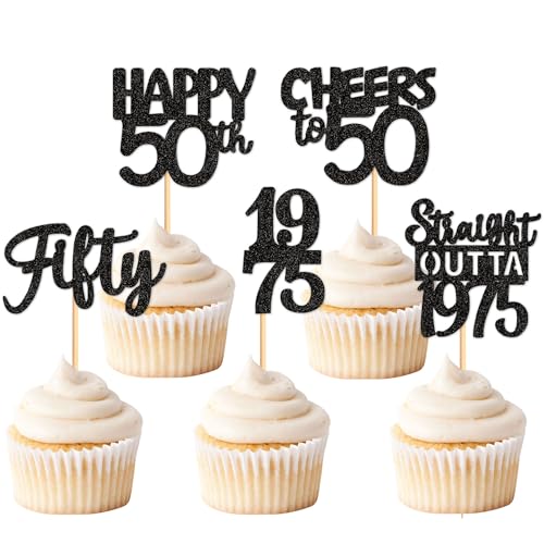 30PCS Black Glitter 50th Birthday Cupcake Toppers Set