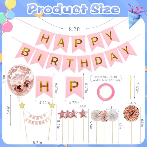 13-Piece Pink Happy Birthday Cake Topper Set with Stars and Balloons