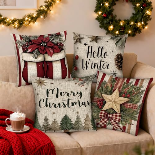 White Christmas Throw Pillow Covers Set of 4 - 18x18 Inch