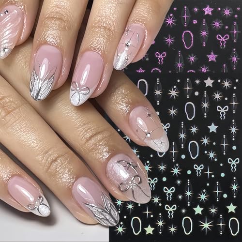 SHUXILIN 8 Sheets Star Nail Art Stickers 3D Laser Bow Decals