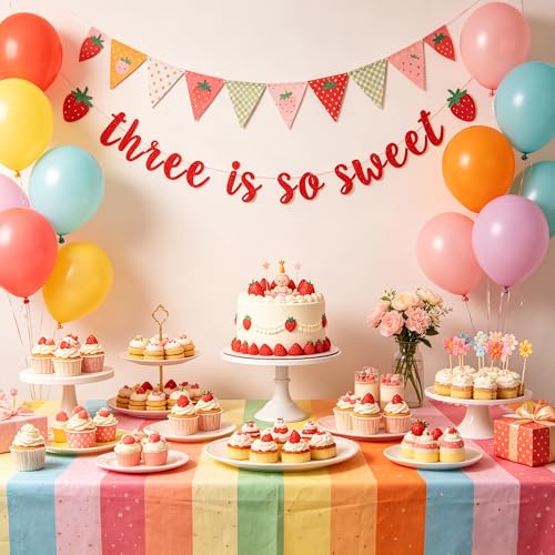 Three is So Sweet 3rd Birthday Strawberry Banner Red Glitter Party Sign