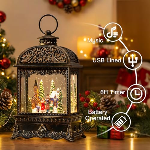 Christmas Village Snow Globe Water Lantern with Church Carolers Scene - 10.2" Musical Holiday Decor
