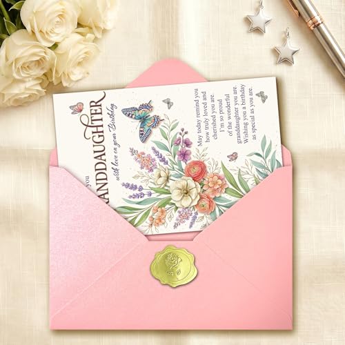 Granddaughter Birthday Card from Grandma & Grandpa - Floral Butterfly Design, 8x5.3 Inches with Envelope & Seal, Heartfelt Gift