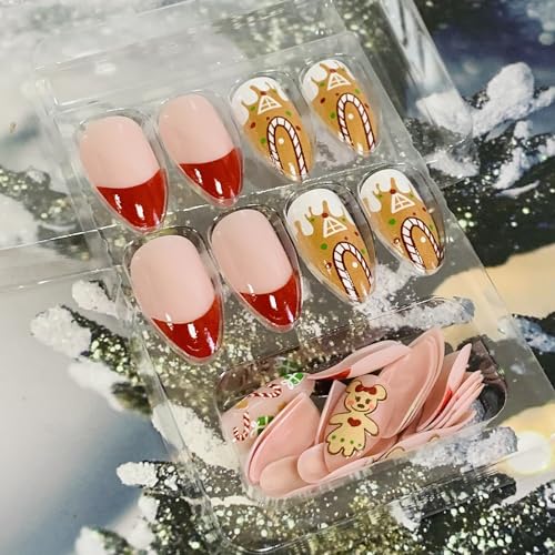 Christmas Almond Press on Nails Red French Xmas Bear Candy False Nails