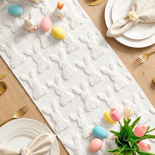 White Faux Fur Bunny Rabbit Easter Table Runner 13x36 Inch - Seasonal Home Decor