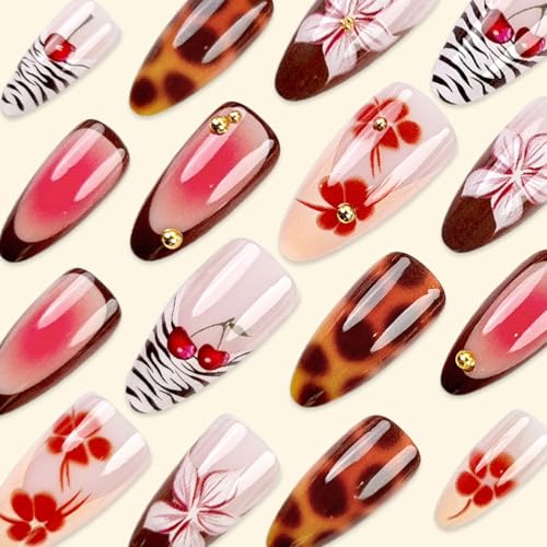 OSTTMA Flower Leopard Print Press on Nails Almond Medium French Fake Nails