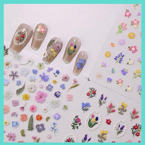 CESTSIREN Floral Nail Art Stickers, Colorful Spring Flower Decals 3 Sheets