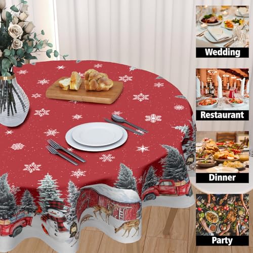 Kawani Christmas Snowman Red Round Tablecloth 60 Inch Holiday Decor