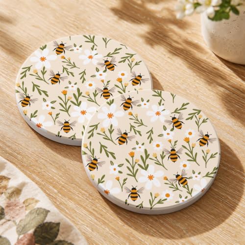 Oqplog Beige Bee Flowers Ceramic Absorbent Coasters - Set of 2