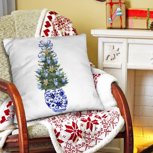 Chinoiserie Christmas Tree Pillow Cover - Blue Flannel 18x18