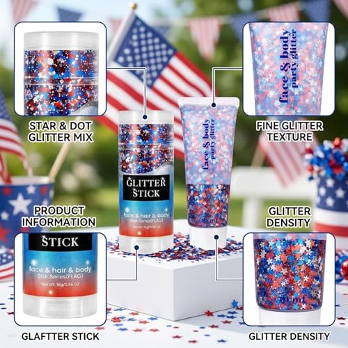 Patriotic Face and Body Glitter Tattoos 2-Piece Set for 4th of July