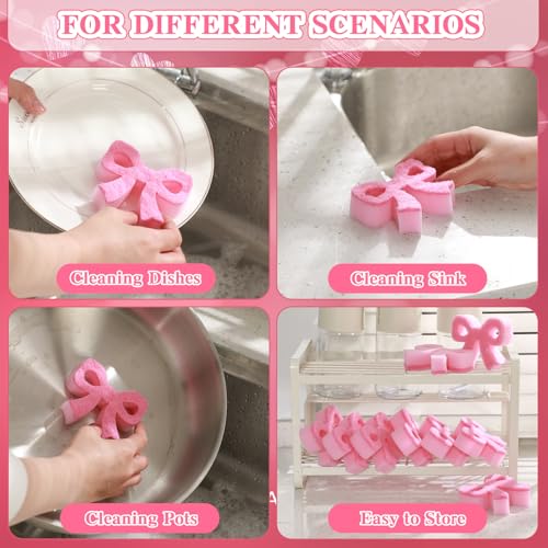 Pink Bow Dish Sponge Set - Dual-Sided Kitchen Cleaning Sponges, 12 Pack, Classic Bow / Pink