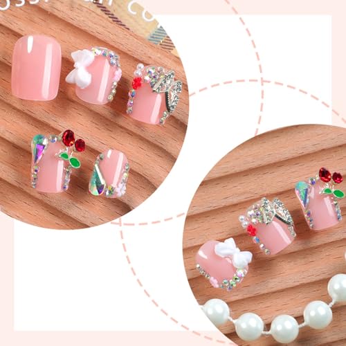 Pink Press on Nails Short Square False Nails with Rhinestones and Butterfly Charms 24Pcs