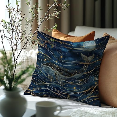 Navy Blue Whale and Moon Pillow Cover 18x18 - Cozy Flannelette Decor