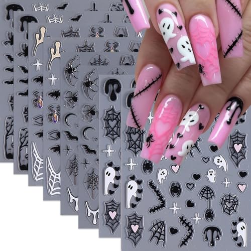 8 Sheets 5D Embossed Halloween Spider Skull Ghost Nail Art Stickers